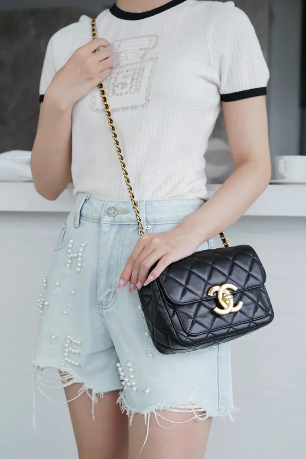 CHANEL 24B Double C Logo Tote in Black Gold