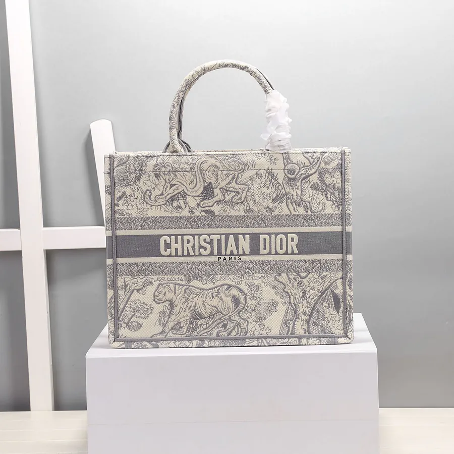 D House Large Tote Bag in Gray with Tiger Embroidery