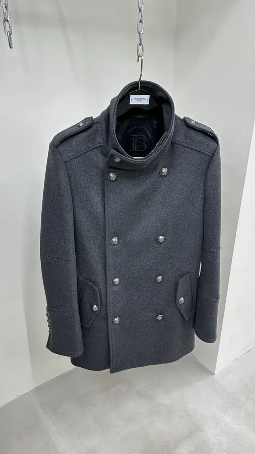 Balmain Gray Double Breasted Court Style Coat